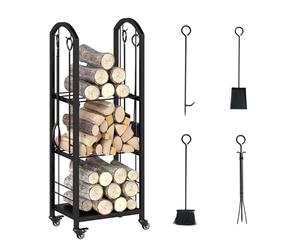 COSTWAY Chariot Range Buche Interieur, Porte Buche a Roulettes avec 4 Kits pour Cheminée, Étagères en Métal, Charge 60 KG par Niveau, Rangement Bois pour Poele, Foyer (40 x 30 x 108 cm)