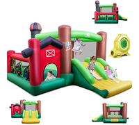 COSTWAY Château Gonflable 6-en-1 avec Toboggans Doubles, Maison Gonflable Intérieur Extérieur avec Trampoline, Sac de Transport, Panier de Basket, Thème Ferme, 3-10 Ans (avec souffleur)…