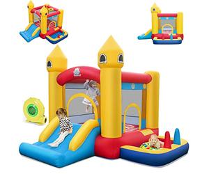 COSTWAY Château Gonflable 6 en 1 Enfants avec Souffleur 480W, Maison de Saut Gonflable en Tissu Oxford avec Piscine à Balles, Panier de Basket, Toboggan, 50 Balles pour Jardin Pelouse Fête, 3-10 Ans