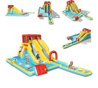 COSTWAY Château Gonflable 8 en 1 avec 3 Toboggans Aquatique, Aire de Jeux Gonflable avec Mur d’Escalade et Piscine, Pistolet à Eau, Anneaux de Natation pour 3 Enfants de 3-10 Ans,sans Souffleur