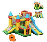 COSTWAY Château Gonflable avec 2 Toboggans et Souffleur, Aire de Jeux Gonflable avec Maison de Saut et Piscine à Balles, Panier de Basket, 60 Balles, Charge 135kg pour Enfant de 3-10 Ans