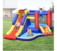 COSTWAY Château Gonflable avec Long Toboggan,Trampoline,Piscine à Balles,Mur d'Escalade,Panier de Basket Sac Transport Sans Gonfleur