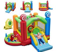 COSTWAY Château Gonflable avec Souffleur 680W, Maison de Saut Géante Intérieure Extérieure avec Toboggan, Décorations de Sucette, 50 Balles Océanique, Panier de Basket-Ball pour Enfants 3 Ans +