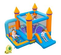 CostwayChâteau Gonflable 5 en 1 avec Ventilateur Toboggan Maison de Saut Gonflable avec Piscine à Balles Panier de Basketball 50 Balles Océaniques Charge 90kg