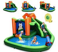 COSTWAY Château Gonflable avec Toboggan Aquatique & Souffleur 680W, Aire de Jeux Gonflable avec Piscine & Canon à Eau, Panier de Basket-Ball, Charge 135kg pour 3 Enfants de 3 à 10 Ans