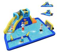 COSTWAY Château Gonflable avec Toboggan et Grande Piscine, Aire de Jeux Gonflable avec Mur d’Escalade et Panier de Basket, Canon à Eau, Intérieur Extérieur, Charge 120kg, 3-12 Ans, sans Souffleur