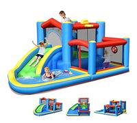 COSTWAY Château Gonflable avec Toboggan et Maison de Saut, Aire de Jeux Gonflable avec Piscine et Panier de Basket, Intérieur Extérieur jusqu'à 3 Enfants de 3-12 Ans,sans Souffleur