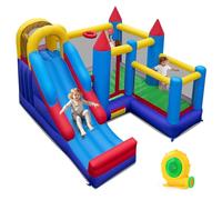COSTWAY Château Gonflable avec Toboggan et Souffleur 680W, Aire de Jeux Gonflable avec Maison de Saut et Panier de Basket, Mur d'escalade, Intérieur Extérieur jusqu'à 2 Enfants de 3-12 Ans