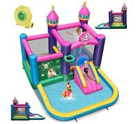 COSTWAY Château Gonflable avec Toboggan et Souffleur 680W, Aire de Jeux Gonflable avec Maison de Saut et Piscine à Balles, Panier de Basket, Intérieur Extérieur, Charge 135kg, 3-10 Ans