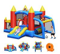 COSTWAY Château Gonflable avec Toboggan et Souffleur, Aire de Jeux Gonflable avec Maison de Saut et Piscine, But de Football, 60 Boules, Intérieur Extérieur, Charge 90kg pour 3-10 Ans