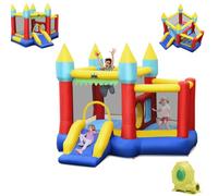 COSTWAY Château Gonflable avec Toboggan & Souffleur 450W, Aire de Jeux Gonflable avec Maison de Saut & Panier de Basket & 100 Balles, Charge Max 135kg pour 3 Enfants de 3-10 Ans