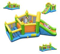 COSTWAY Château Gonflable en Forme de Pentagone avec Toboggan, Maison de Rebond Gonflable avec Piscine à Balles, Panier de Basket, Intérieur Extérieur pour 3 Enfants de 3-10 Ans（sans souffleur