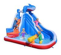 COSTWAY Château Gonflable en Forme Requin avec Toboggan Aquatique et Piscine à Éclaboussures, Aire de Jeux Gonflable avec Mur d’Escalade et Canon à Eau, Intérieur Extérieur, Charge 90kg, 3-12 Ans