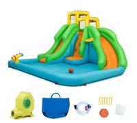 COSTWAY Château Gonflable Enfant 5 en 1 avec Souffleur 680W Toboggan Double Parc Aquatique,Mur d'Escalade Panier,Piscine,Canon à Eau