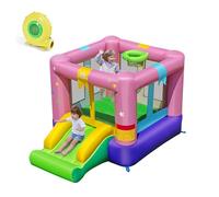 COSTWAY Château Gonflable Enfant avec Toboggan et Souffleur 480W, Maison de Saut Gonflable en Tissu avec Panier et Sac, Intérieur Extérieur, Charge 90kg pour 2 Enfants de 3-12 Ans (avec Souffleur)