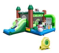 COSTWAY Château Gonflable Enfant Souffleur 735W,Décoration Bonhomme de Neige,Toboggan,Fosse à balles,Panier de basket-ball Extérieur