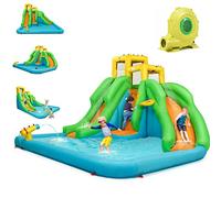 COSTWAY Château Gonflable Enfants avec Souffleur 680W et Toboggan Double, Parc Aquatique Gonflable avec Mur d'escalade, Panier, Piscine, Canon à Eau, Charge 160kg pour 3 Enfants de 3-10 Ans