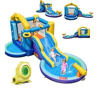 COSTWAY Château Gonflable Océan 6 en 1 avec Toboggan Aquatique & 2 Piscines, Maison de Rebond Gonflable avec Souffleur 680W, Canon à Eau, Zone de Saut, Charge 90kg pour 2 Enfants de 3-10 Ans