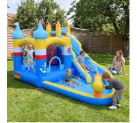 COSTWAY Château Gonflable pour Enfants - 50 Balles Océaniques Bassin à Éclaboussures, Canon à Eau, Mur d’Escalade, Sans Souffleur