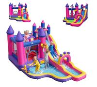 COSTWAY Château Gonflable sur Thème Princesse avec Toboggan et Maison de Saut, Aire de Jeux Gonflable avec Mur d’Escalade et 2 Piscines, Panier de Basket, Intérieur Extérieur pour 3-12 Ans