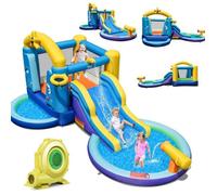 Costway Château Gonflable Thème Océan Avec Souffleur 680w Toboggan D'eau,2 Piscines 50 Balles Océanique Canon À Eau,Panier De Basket