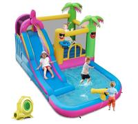 Costway Château Gonflable Thème Tropical Avec Souffleur 680w, Long Toboggan Aquatique,Piscine À Eclaboussures Ballon Océanique