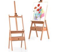 COSTWAY Chevalet avec tablette & tiroir, chevalet sur pied réglable, chevalet au sol jusqu'à 92cm, bois de hêtre