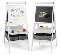 Costway Chevalet D'art 3 En 1 -Tableau Noir & Blanc Magnétique,Rouleau De Papier & 2 Bacs En Tissu Pour Enfants 3-6 Ans Blanc