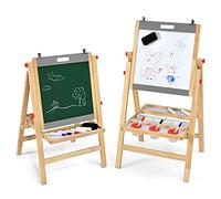 COSTWAY Chevalet Pliable 3-en-1 pour Enfants de 3+Ans, Chevalet d'Art en Bois avec Hauteur Réglable sur 5 Positions, Plateau de Rangement et Tableau à 2 Faces, 50,5 x 53,5 x 79-104 cm (Naturel + Gris)