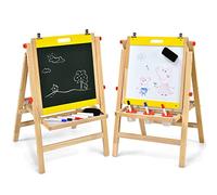 COSTWAY Chevalet Pliable 3-en-1 pour Enfants de 3+Ans, Chevalet d'Art en Bois avec Hauteur Réglable sur 5 Positions, Plateau de Rangement et Tableau à 2 Faces, 50,5 x 53,5 x 79-104 cm (Naturel+Jaune)
