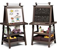 COSTWAY Chevalet pour enfants 3 en 1, Tableau pour enfants double face, tableau blanc & tableau à craies & papier à dessin, tableau sur pied avec aimants, 2 niveaux d'étagères Tableau en bois avec 2 b