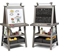 COSTWAY Chevalet pour enfants 3 en 1, Tableau pour enfants double face, Tableau blanc & Tableau à craies & Papier à dessin, Tableau sur pied avec aimants, 2 niveaux d'étagères Tableau en bois avec 2 b