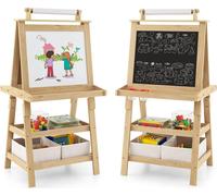 COSTWAY Chevalet pour enfants 3 en 1, Tableau pour enfants double face, Tableau blanc & Tableau à craies & Papier à dessin, Tableau sur pied avec aimants, 2 niveaux d'étagères Tableau en bois avec 2 b