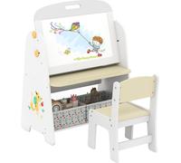 COSTWAY Chevalet pour enfants avec chaise, Tableau pour enfants avec bibliothèque & tableau à craies magnétique, caisse en tissu & tableau blanc, Tableau de jeu, Tableau enfants nature