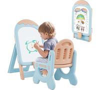 COSTWAY Chevalet pour enfants avec chaise, Tableau pour enfants réglable en hauteur & pliable avec tableau blanc, boîte de rangement, marqueur&aimant, Tableau de jeu cadeau bleu