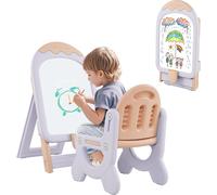 COSTWAY Chevalet pour enfants avec chaise, Tableau pour enfants réglable en hauteur & pliable avec tableau blanc, boîte de rangement, marqueur&aimant, Tableau de jeu cadeau Lila