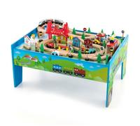 COSTWAY Circuit Voiture Enfant - 80 Accessoires avec Table, Plateau Réversible 2 en 1, Train en Bois pour 3 Ans+, Multicolore