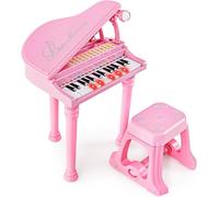 COSTWAY Clavier 31 touches pour enfants avec tabouret, clavier de piano électronique avec microphone, mode d'apprentissage LED, instrument de musique jouet portable pour enfants à partir de 3 ans (ros