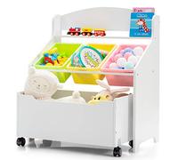 COSTWAY Coffre à Jouet Enfant avec 3 Bacs et 1 Tiroir à roulettes, Meuble Rangement Jouet en Bois avec Espace de Stockage, Design Moderne pour Jouets et Livres, 63,5 x 38 x 76,5CM