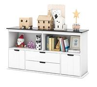 COSTWAY Coffre à Jouets pour Enfants avec Tableau Noir Inscriptible, Meuble de Rangement Enfants avec 2 Bacs & 2 Tiroirs Amovibles, Compartiment Ouvert pour Chambre d'enfant(121 x 33 x 62 cm)