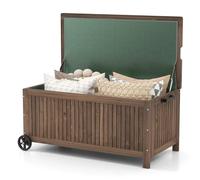 COSTWAY Coffre de Rangement en Bois de Sapin 213L avec Doublure Amovible Imperméable, Banc de Rangement Extérieur à Roulettes Charge 50KG pour Terrasse Jardin 114 x 58,5 x 51 cm, Marron