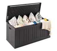 COSTWAY Coffre de Rangement pour Patio 300 L, Grand Conteneur en HDPE avec Vérins à Gaz & Couvercle Verrouillable, Bac de Rangement Extérieur Étanche pour Outils de Jardinage, Coussins (Marron)