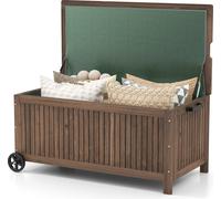 COSTWAY Coffre de terrasse 213L en bois, coffre à outils avec revêtement imperméable amovible et roues, coffre de jardin marron