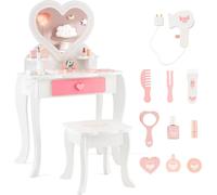 COSTWAY Coffret de maquillage pour enfants, coiffeuse 2 en 1 avec miroir en forme de cœur, tabouret, tiroir & accessoires, table de maquillage pour enfants de 3 ans et plus