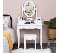 COSTWAY Coiffeuse avec 11 Ampoules LED ,Tabouret et Miroir à 360 °,3 Tiroirs Peut Transformer Comme Bureau Blanc