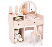 COSTWAY Coiffeuse avec Chaise en Lapin pour Enfants - Miroir Lumineux - 2 Tiroirs - Étagères Ouvertes de Rangement, Rose