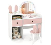 COSTWAY Coiffeuse avec Chaise en Lapin pour Enfants - Miroir Lumineux - 2 Tiroirs - Étagères Ouvertes de Rangement, Blanc