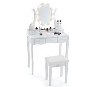 COSTWAY Coiffeuse avec éclairage LED, 3 Couleurs avec luminosité réglable, Tabouret, Miroir Rotatif, 5 tiroirs et Grille de Rangement, Blanc