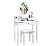 COSTWAY Coiffeuse avec Eclairage, Miroir Ovale, Pivotant à 360°, 10 Lumières, Tabouret Rembourré Inclus, avec 3 Tiroirs de Rangements (Blanc)