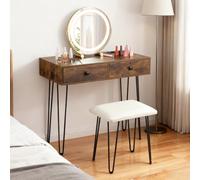 COSTWAY Coiffeuse avec Miroir et Tabouret, 3 Modes d'Éclairage, Luminosité Réglable, Station de Charge, Table de Maquillage, Miroir Pivotant à 360°, 2 Tiroirs, Pieds en Métal, Industriel